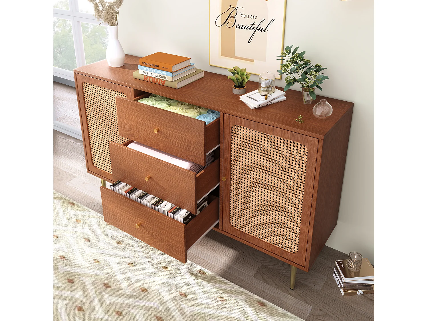 Low rattan sideboard with 3 drawers & 2 doors - brown