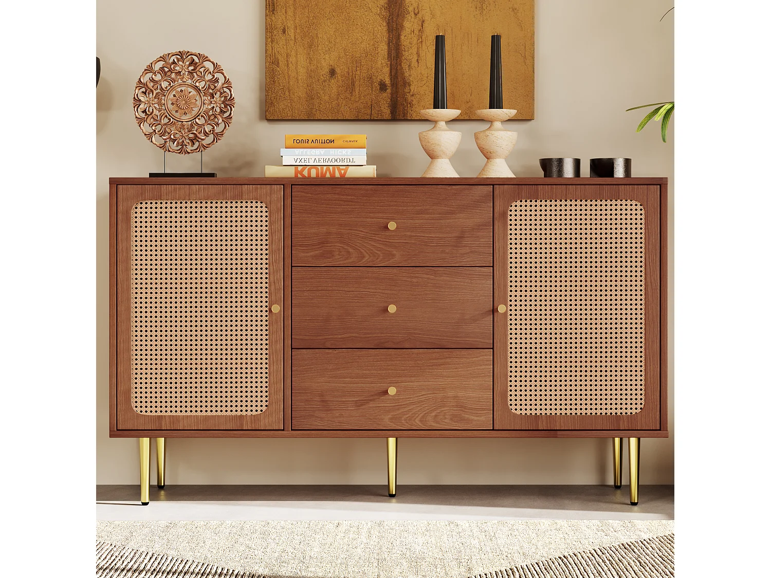 Low rattan sideboard with 3 drawers & 2 doors - brown