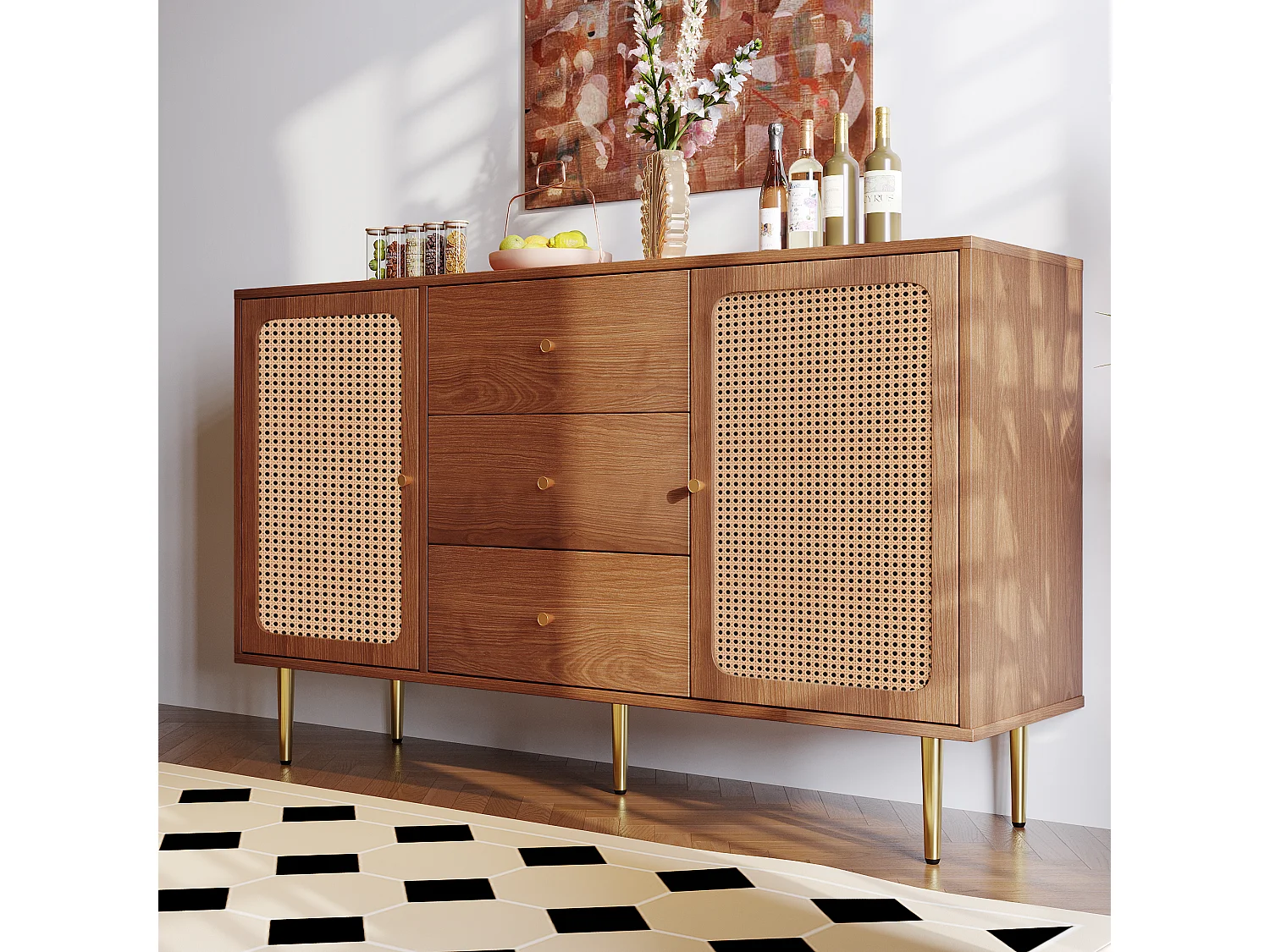 Low rattan sideboard with 3 drawers & 2 doors - brown