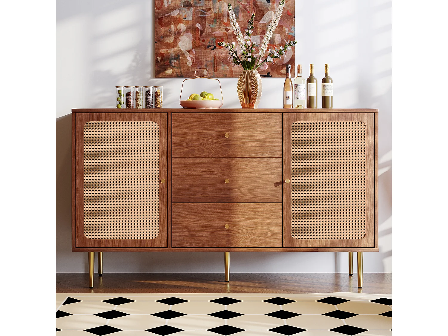 Low rattan sideboard with 3 drawers & 2 doors - brown
