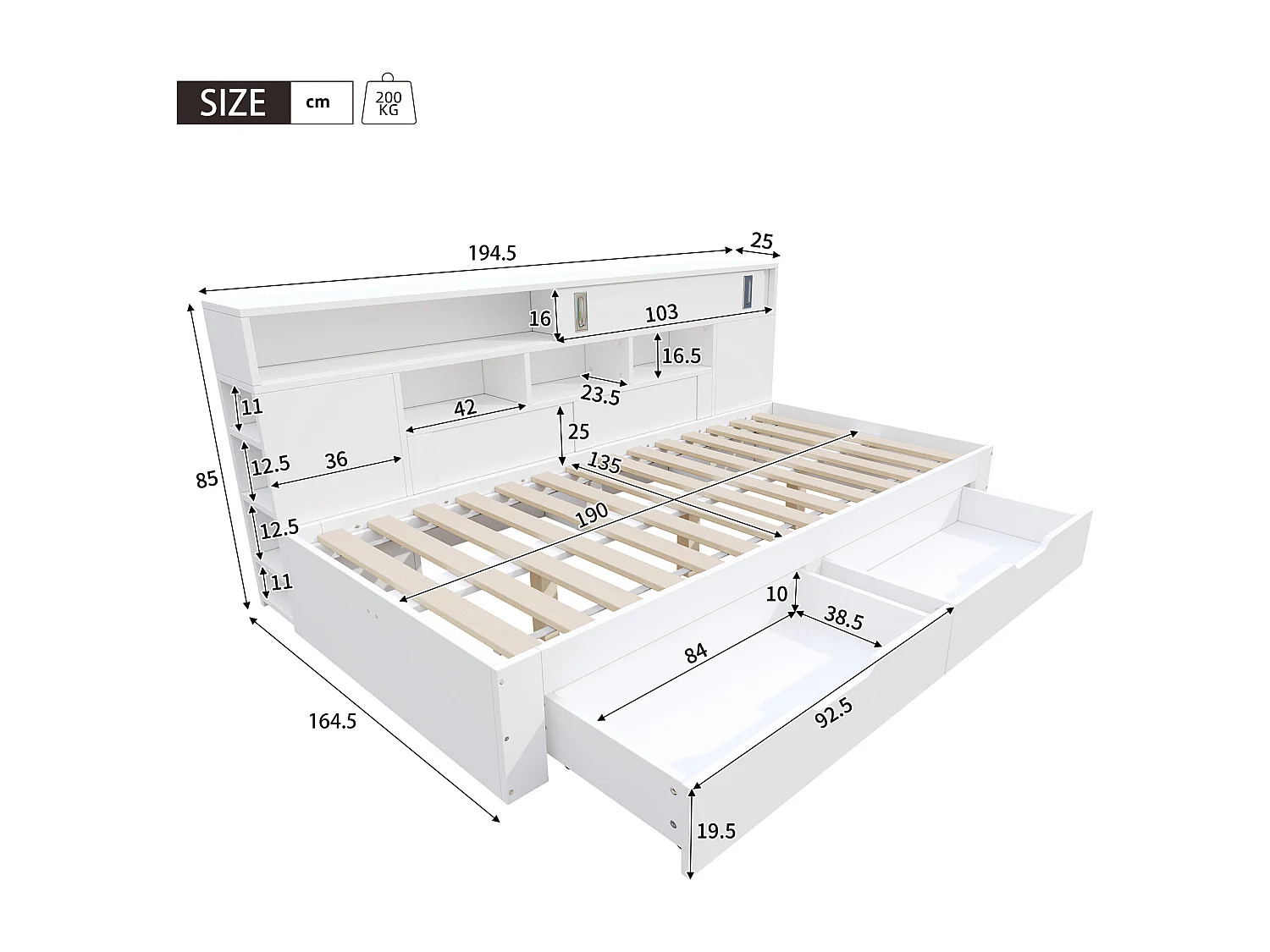 Children's bed 135x190 cm - with 2 drawers - Adjustable side shelves - MDF - White (mattress not included)