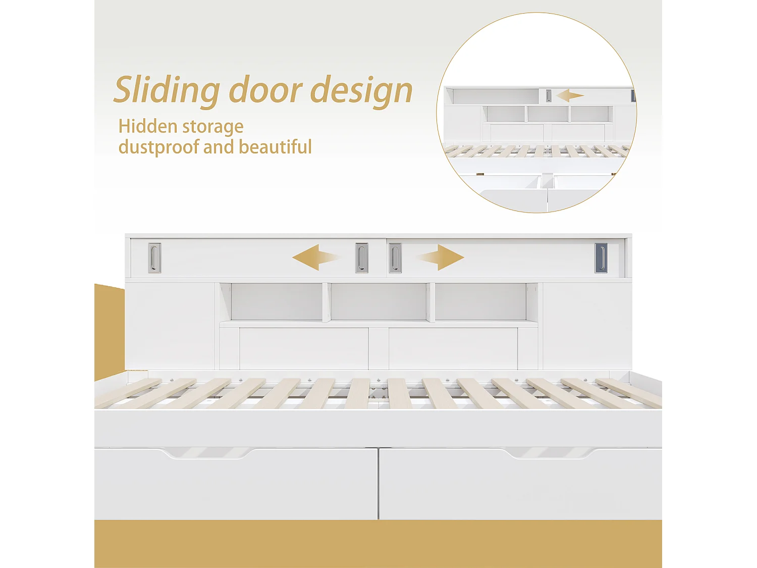 Children's bed 135x190 cm - with 2 drawers - Adjustable side shelves - MDF - White (mattress not included)