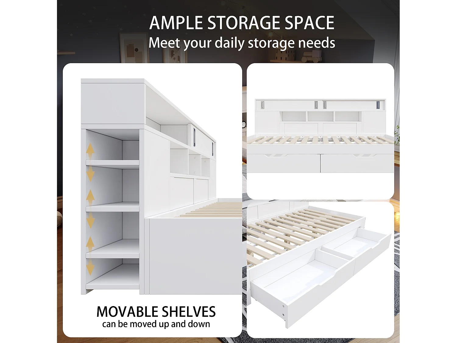 Children's bed 135x190 cm - with 2 drawers - Adjustable side shelves - MDF - White (mattress not included)