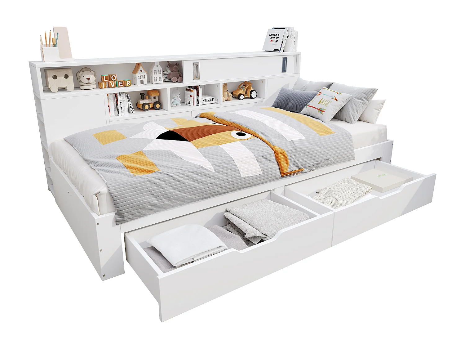 Children's bed 135x190 cm - with 2 drawers - Adjustable side shelves - MDF - White (mattress not included)
