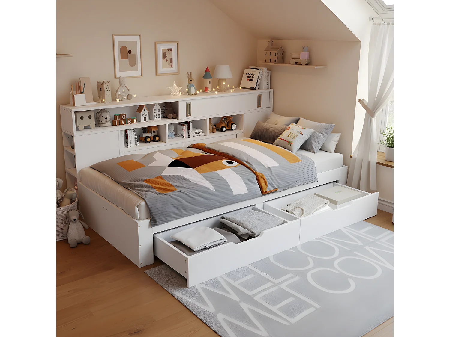 Children's bed 135x190 cm - with 2 drawers - Adjustable side shelves - MDF - White (mattress not included)
