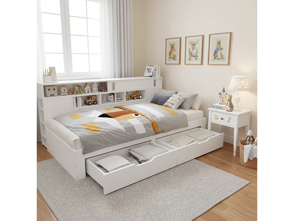 Children's bed 135x190 cm - with 2 drawers - Adjustable side shelves - MDF - White (mattress not included)