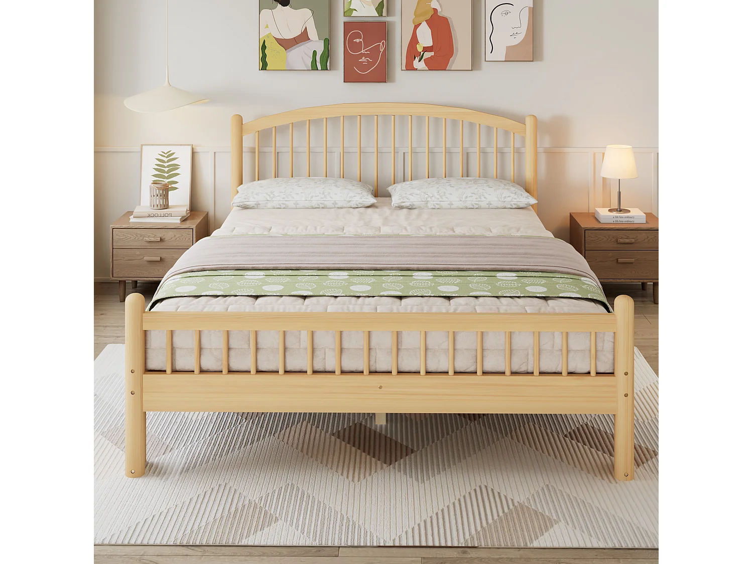 Lit simple en bois 140x200cm - tête de lit à rayures classiques - avec sommier à lattes - Naturel