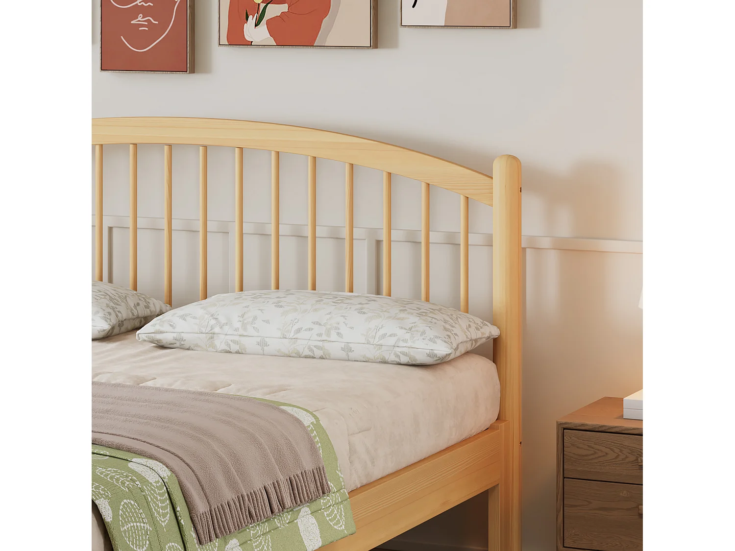 Lit simple en bois 140x200cm - tête de lit à rayures classiques - avec sommier à lattes - Naturel