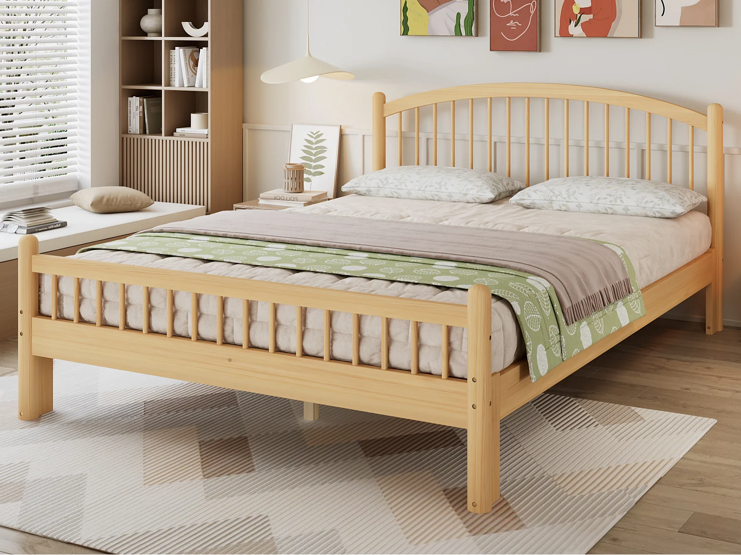 Lit simple en bois 140x200cm - tête de lit à rayures classiques - avec sommier à lattes - Naturel