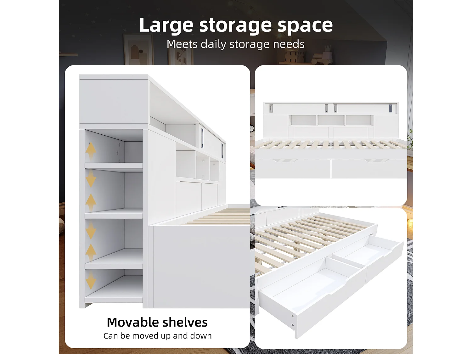 Children's bed 90x190 cm - with 2 drawers - Adjustable side shelves - MDF - White (mattress not included)