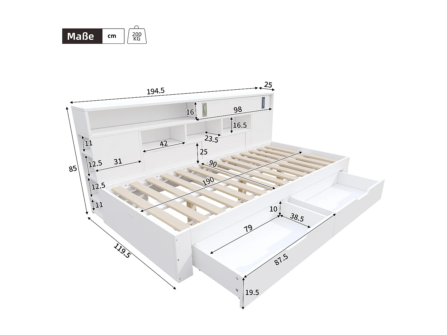 Children's bed 90x190 cm - with 2 drawers - Adjustable side shelves - MDF - White (mattress not included)