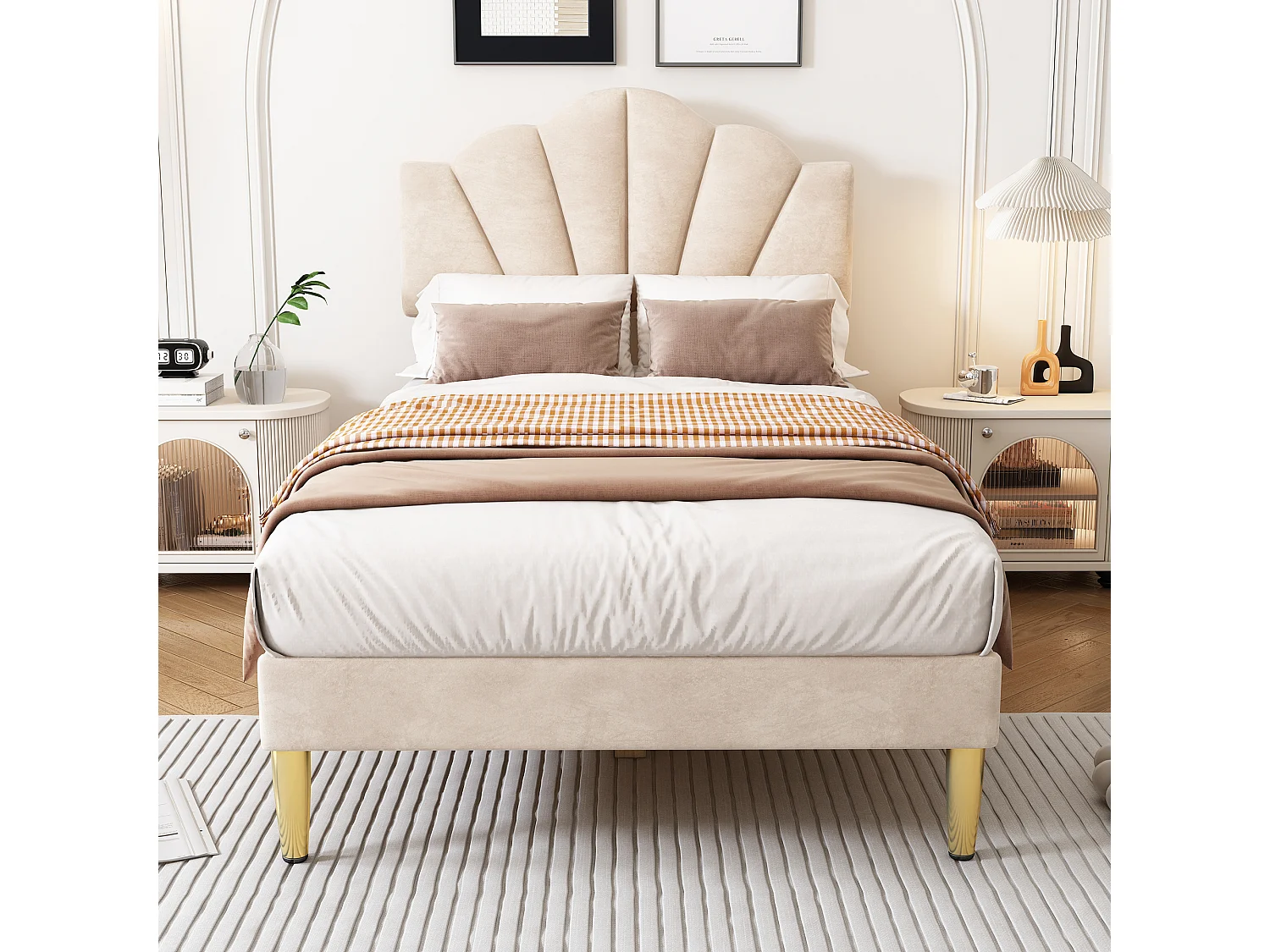 90x200cm Velvet Bed - Shell-Shaped Headboard - Beige