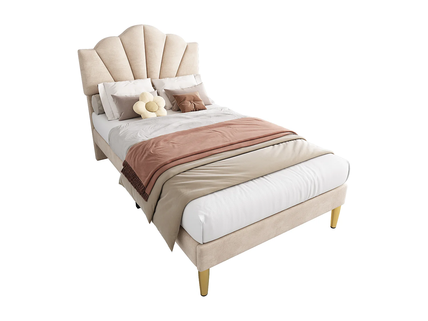 90x200cm Velvet Bed - Shell-Shaped Headboard - Beige