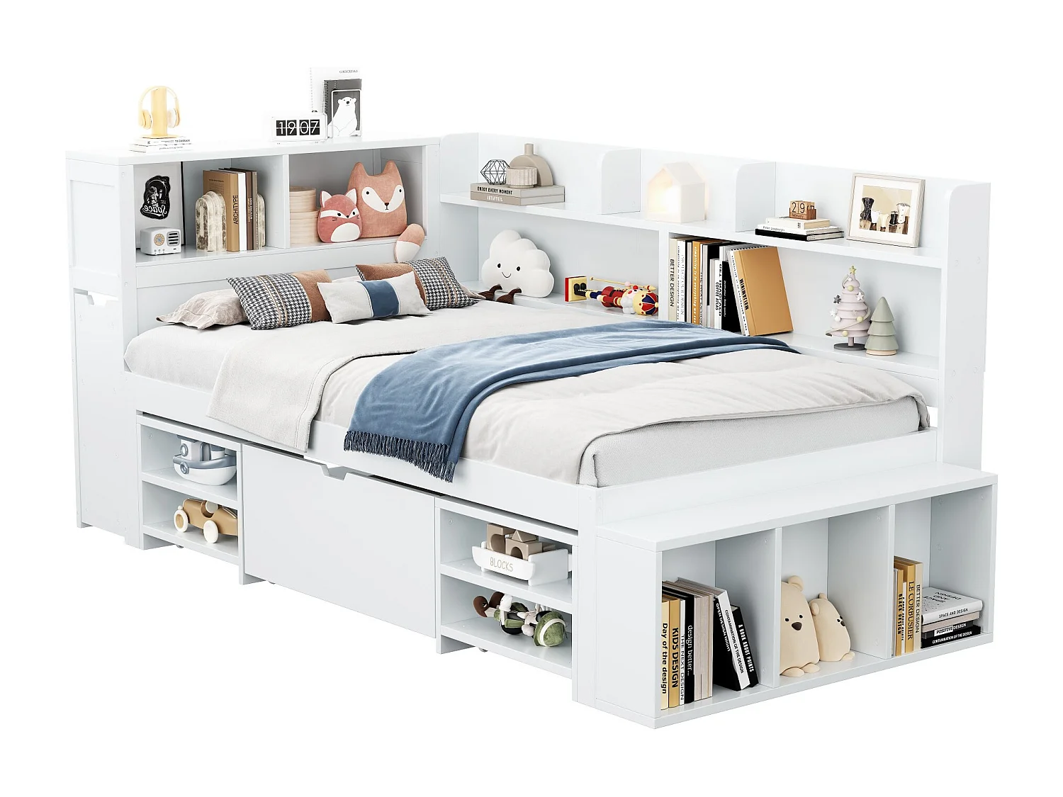Single bed 90x190cm in MDF - with drawers and shelves - with small removable bookcase - with slatted base - White (mattress not included)