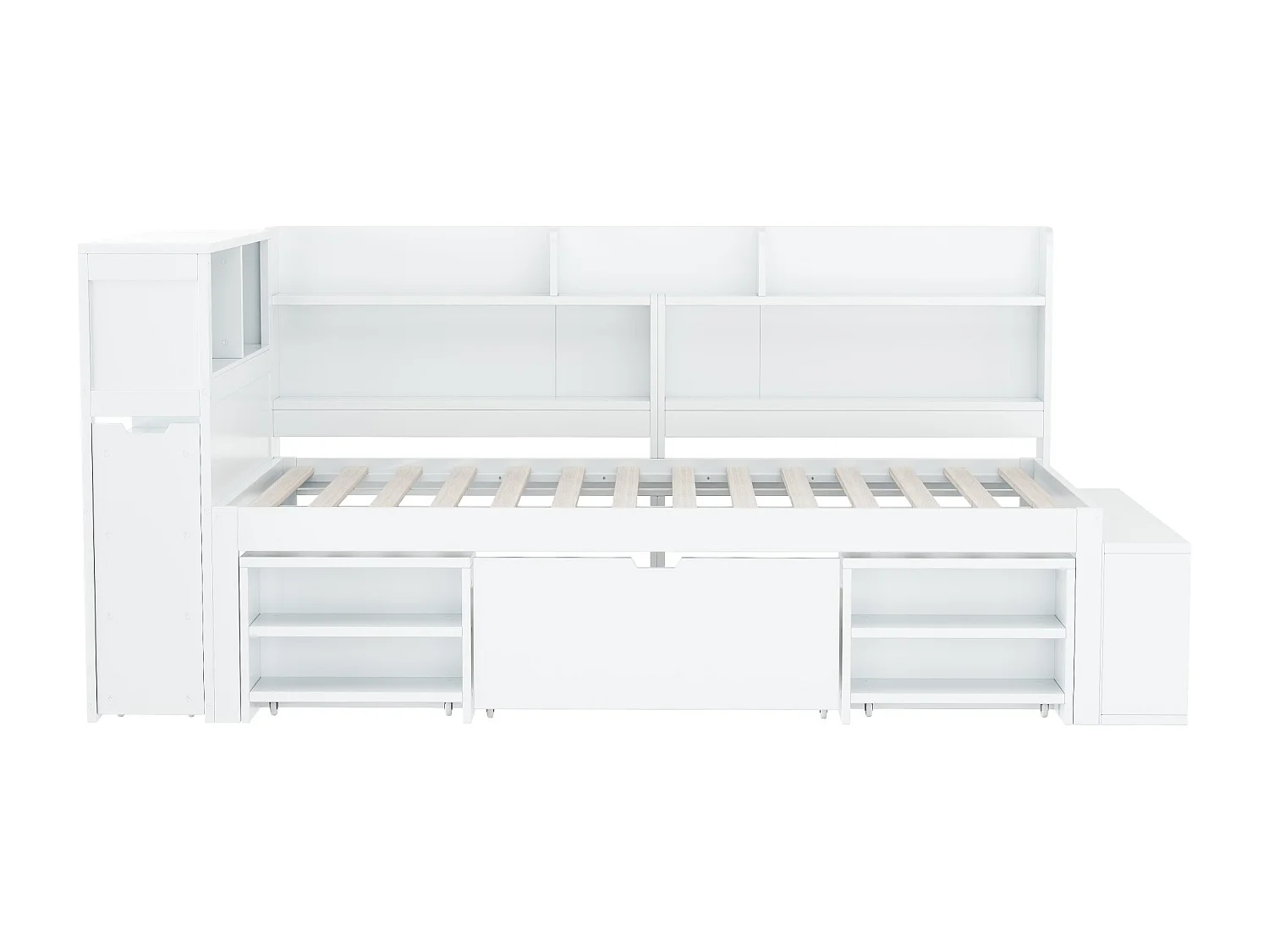 Single bed 90x190cm in MDF - with drawers and shelves - with small removable bookcase - with slatted base - White (mattress not included)