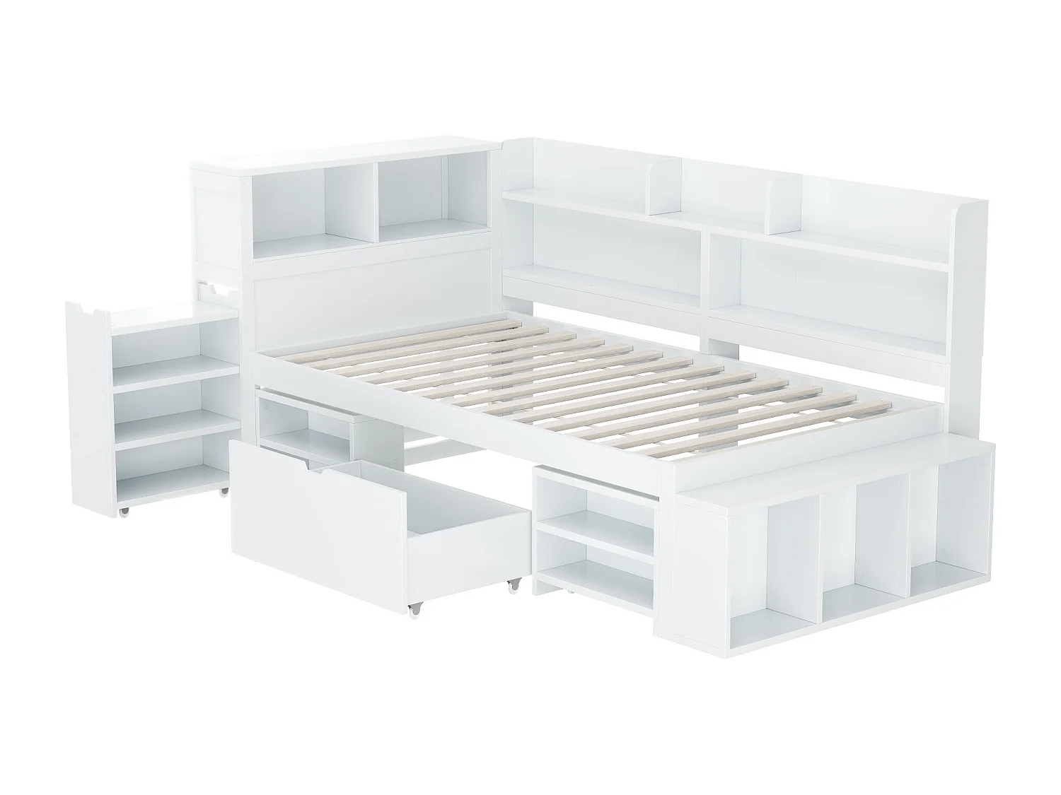 Single bed 90x190cm in MDF - with drawers and shelves - with small removable bookcase - with slatted base - White (mattress not included)