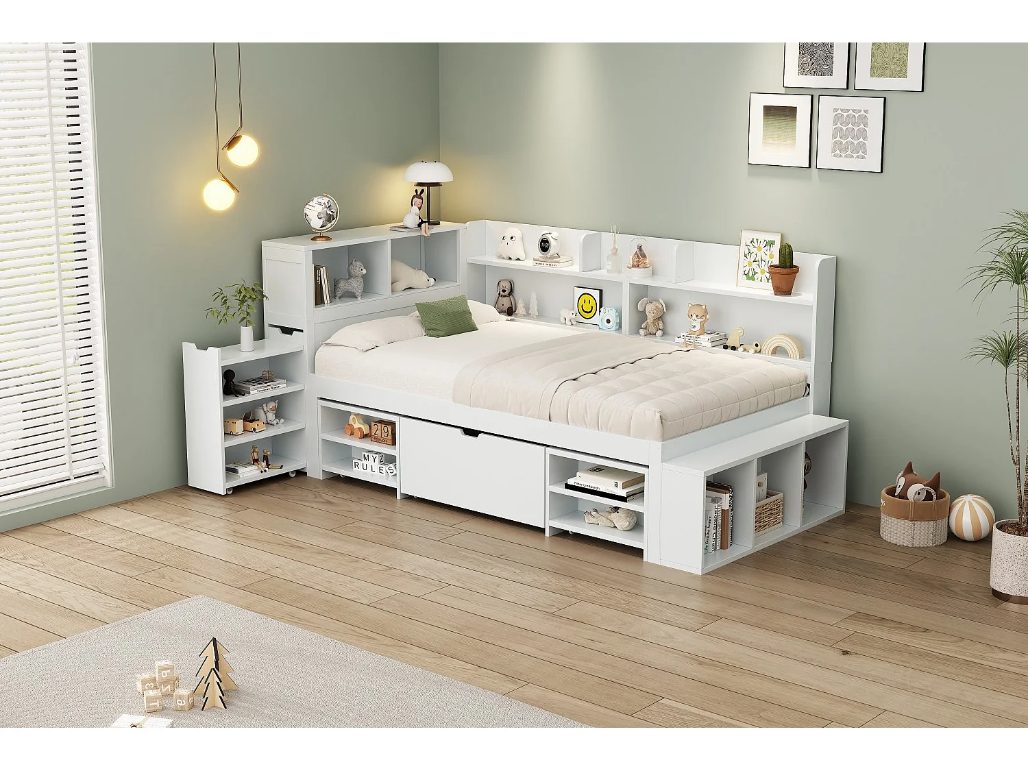 Single bed 90x190cm in MDF - with drawers and shelves - with small removable bookcase - with slatted base - White (mattress not included)