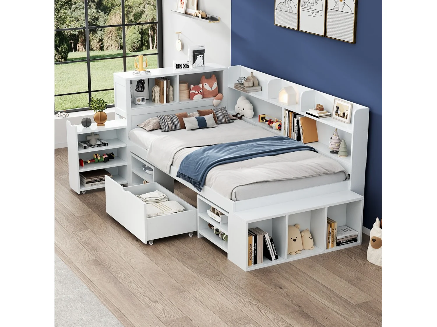 Single bed 90x190cm in MDF - with drawers and shelves - with small removable bookcase - with slatted base - White (mattress not included)