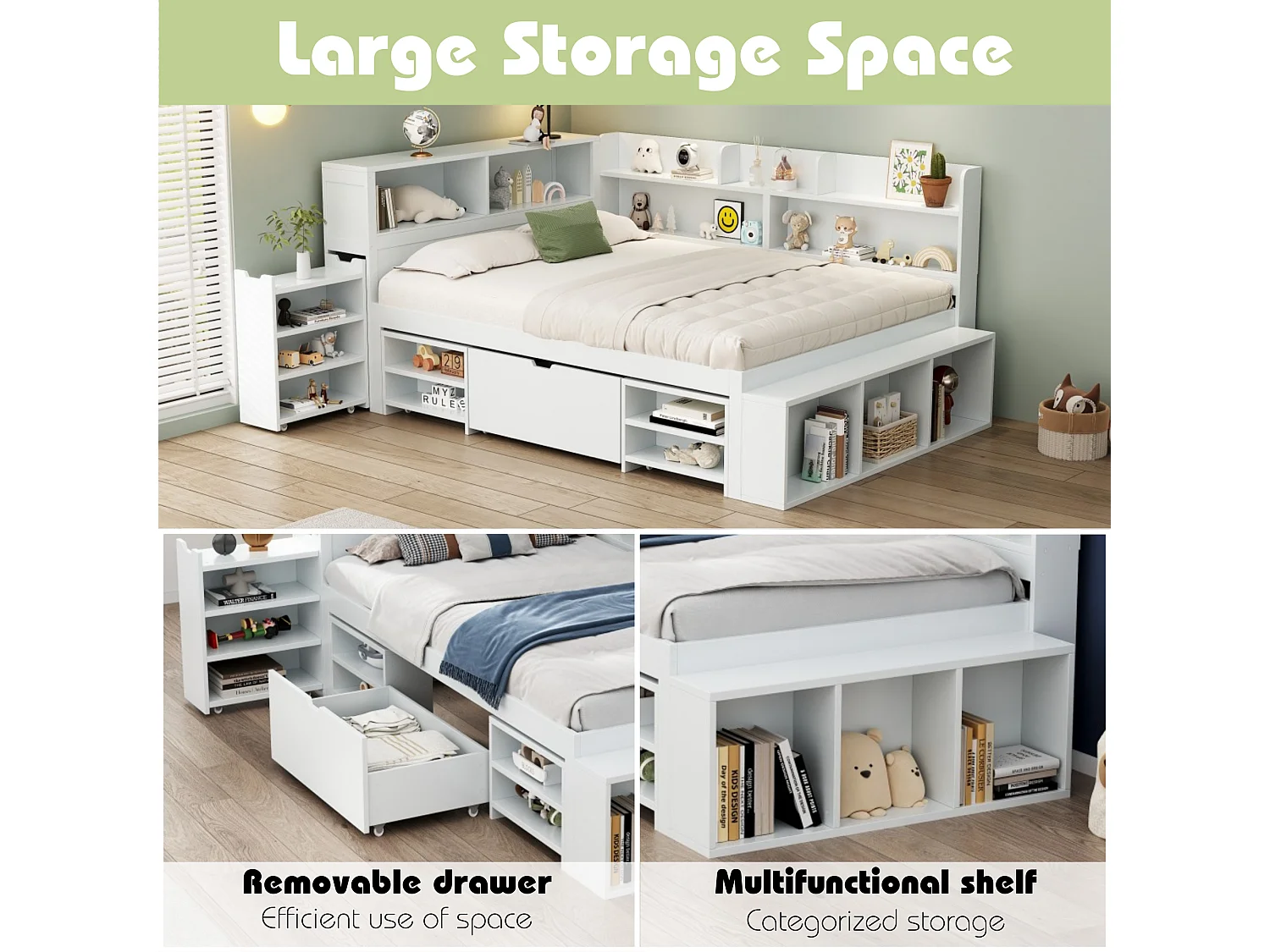 Single bed 90x190cm in MDF - with drawers and shelves - with small removable bookcase - with slatted base - White (mattress not included)