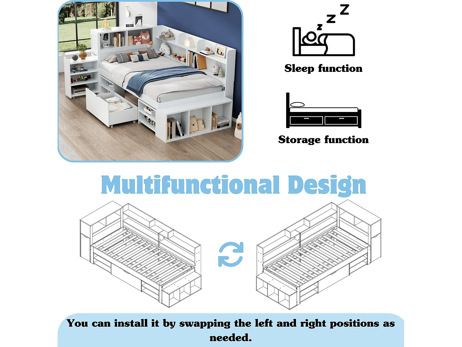 Single bed 90x190cm in MDF - with drawers and shelves - with small removable bookcase - with slatted base - White (mattress not included)