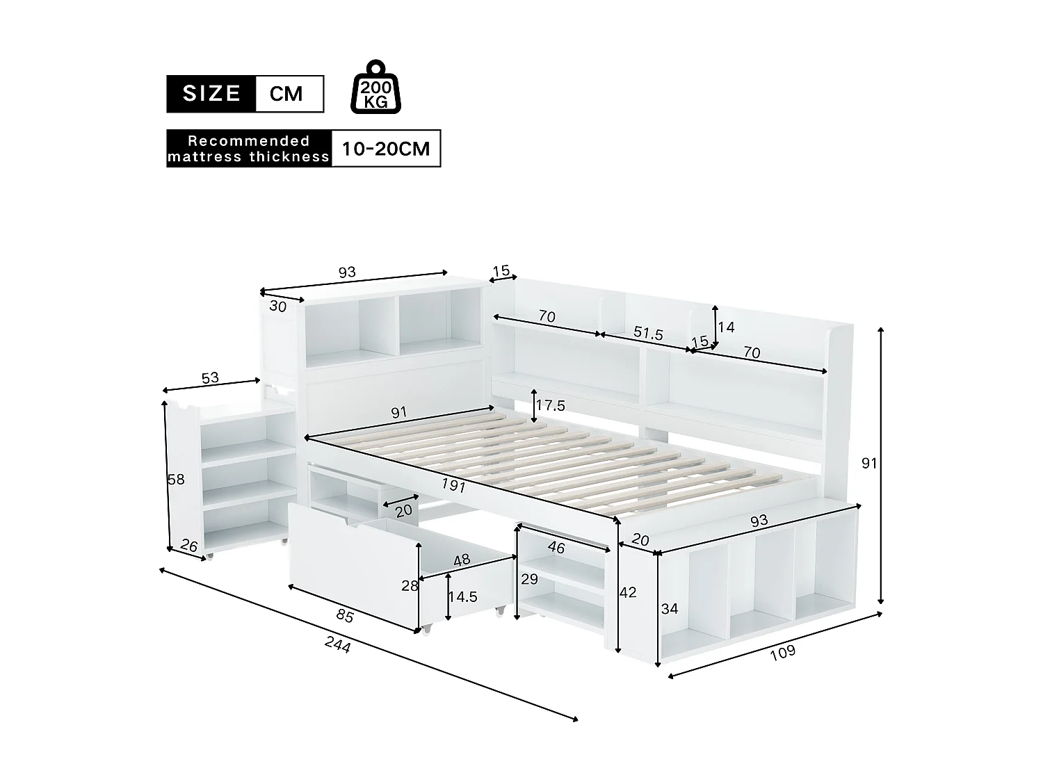 Single bed 90x190cm in MDF - with drawers and shelves - with small removable bookcase - with slatted base - White (mattress not included)