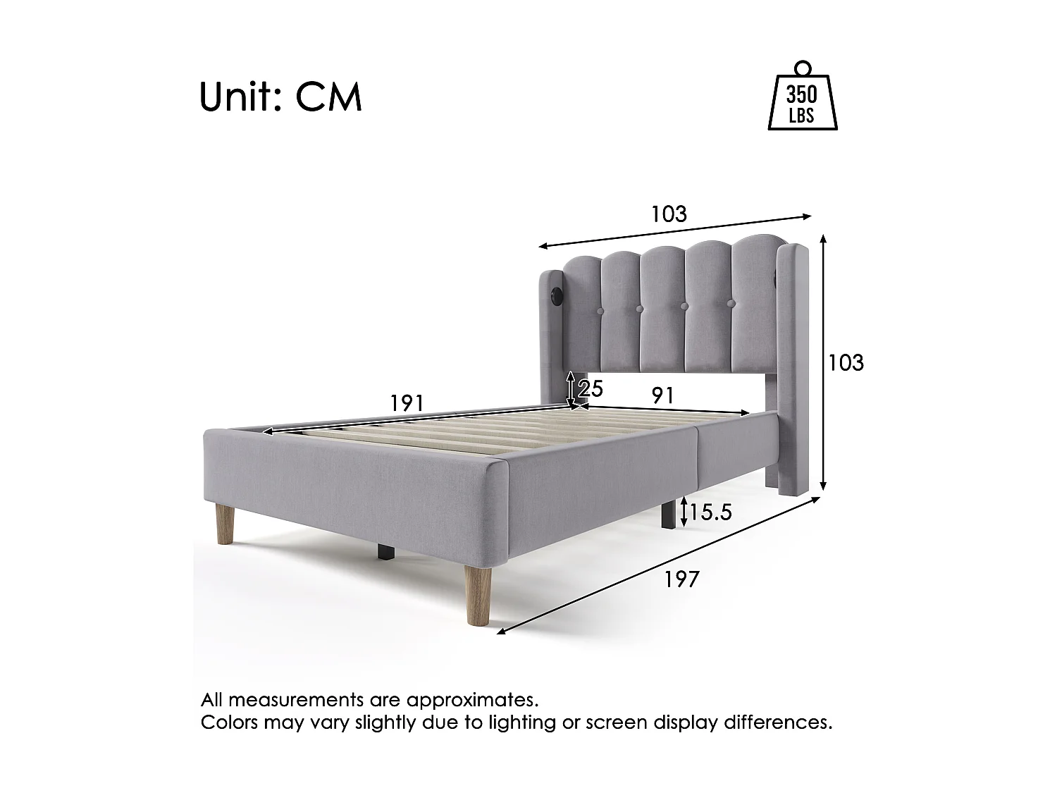 Bed Upholstered in Linen 90x190cm - with Charging Ports and Slatted Base - Grey