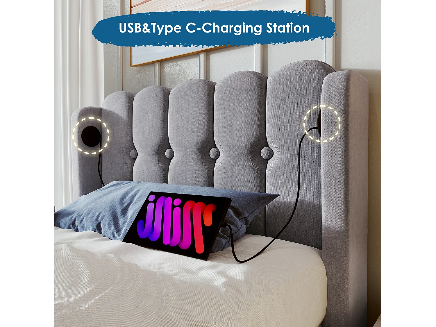 Bed Upholstered in Linen 90x190cm - with Charging Ports and Slatted Base - Grey