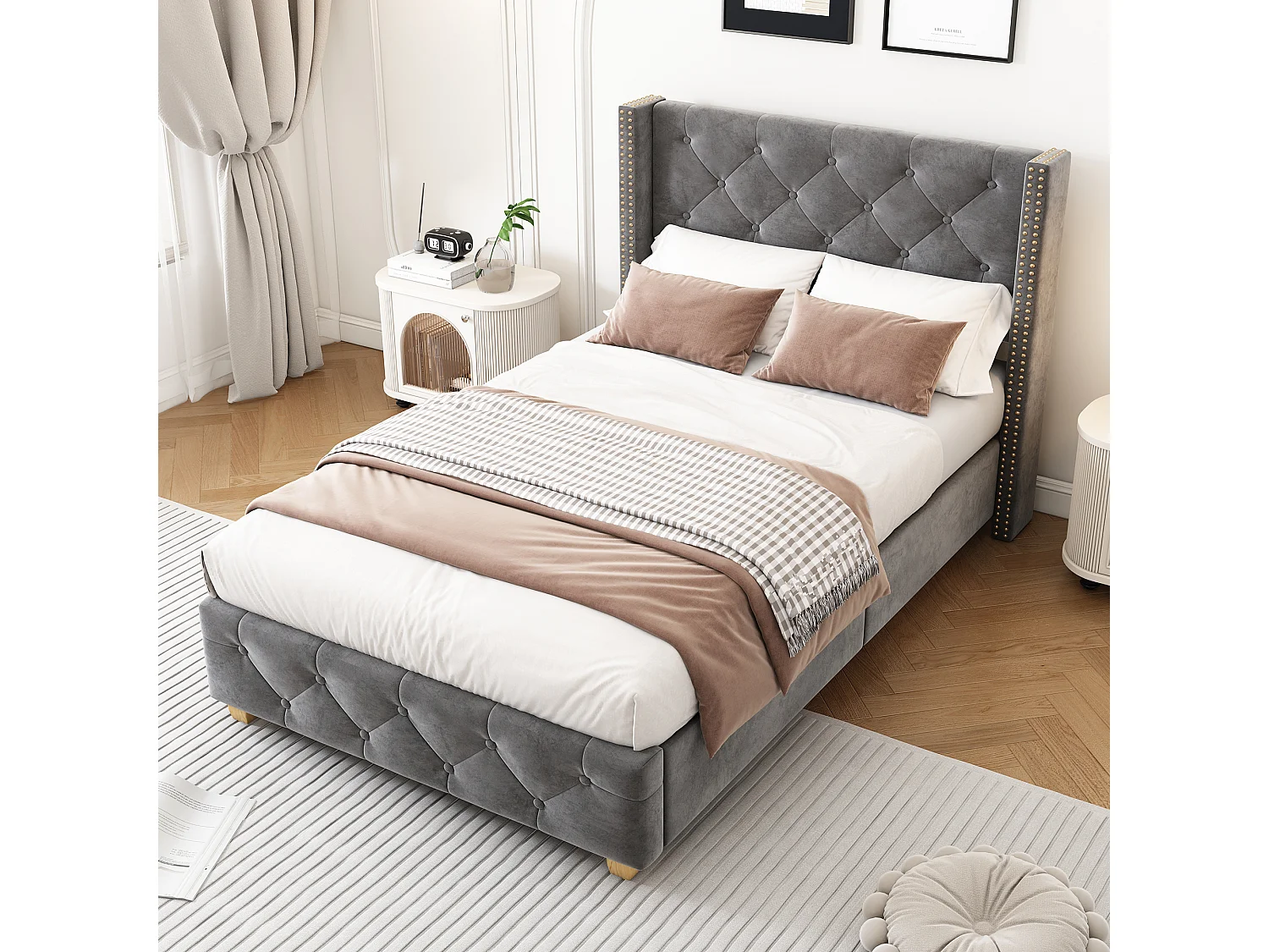 90x200cm Velvet Upholstered Bed - with Slatted Base - Grey