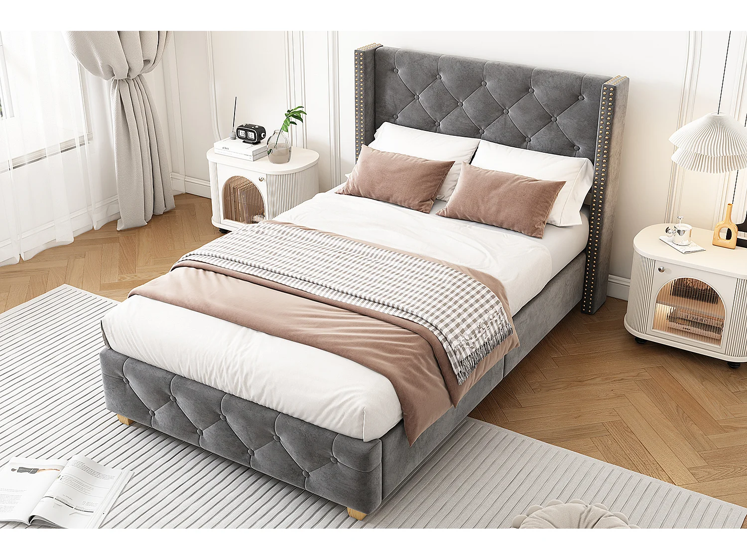 90x200cm Velvet Upholstered Bed - with Slatted Base - Grey