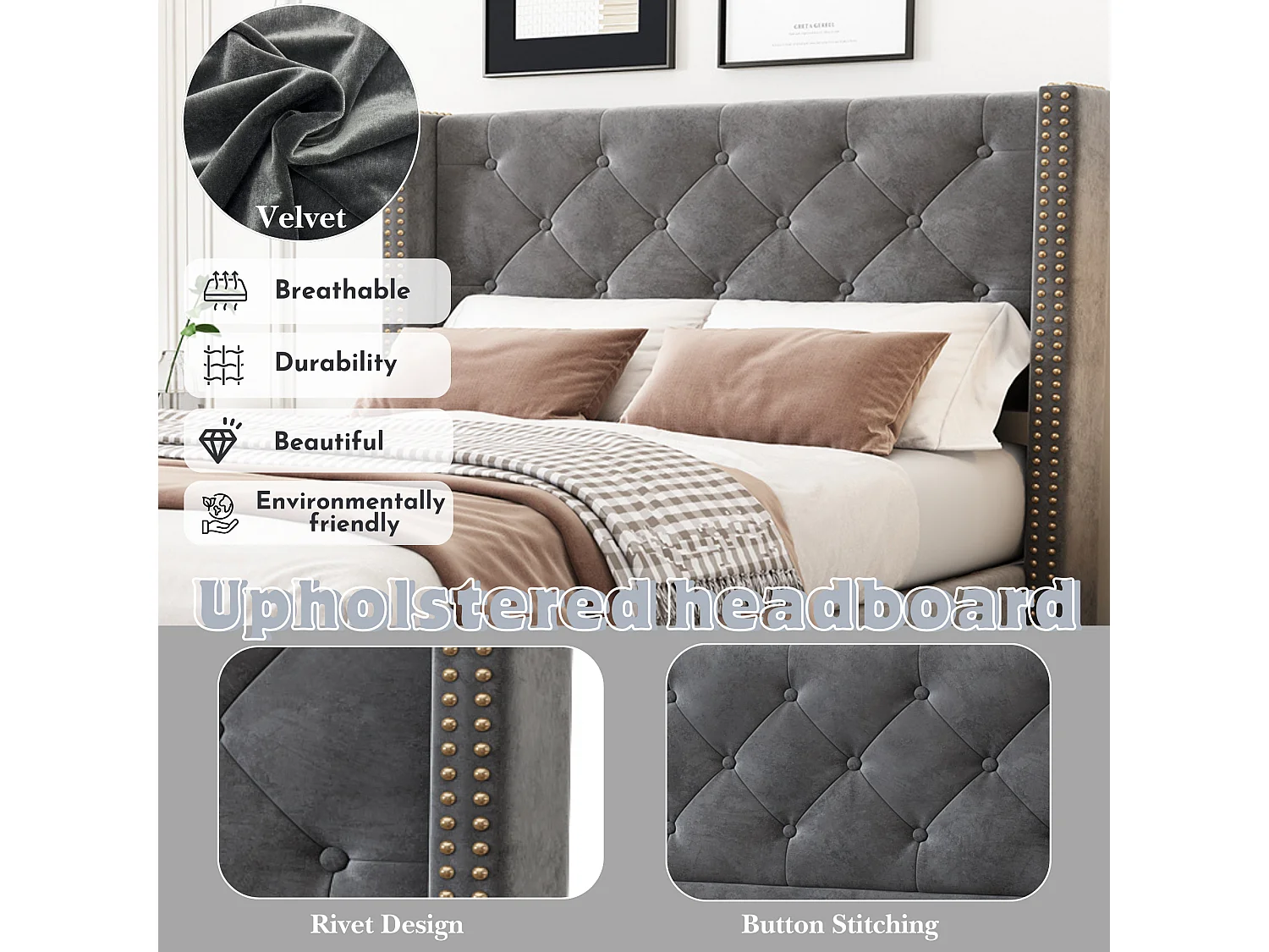 90x200cm Velvet Upholstered Bed - with Slatted Base - Grey