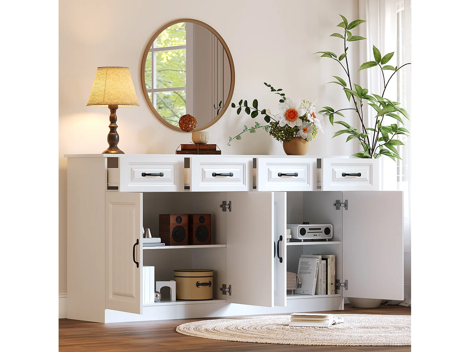 Buffet/Commode avec 4 portes et 4 tiroirs - 2 étagères - Design rayé - 8 poignées métalliques - MDF - Blanc