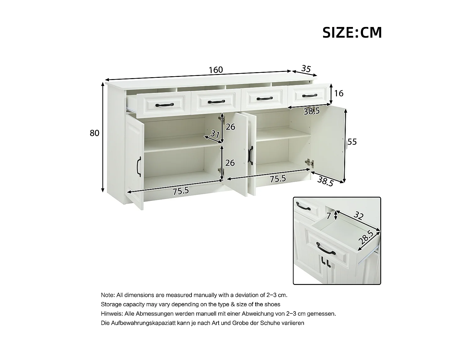 Buffet/Commode avec 4 portes et 4 tiroirs - 2 étagères - Design rayé - 8 poignées métalliques - MDF - Blanc