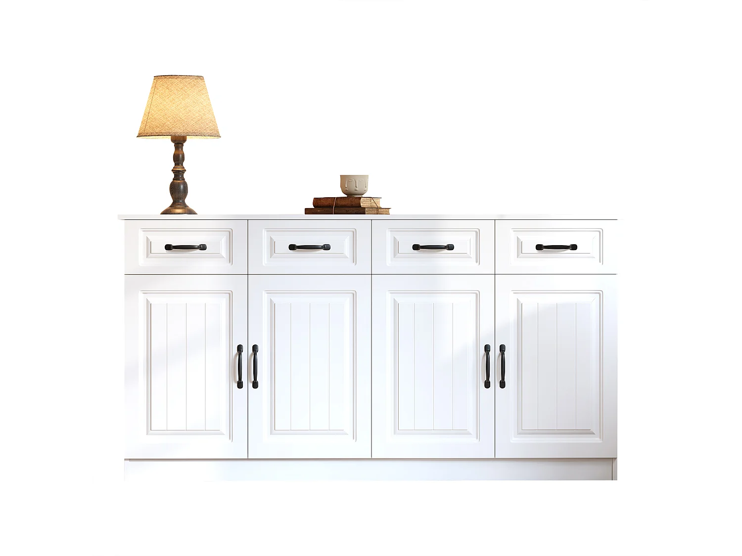 Buffet/Commode avec 4 portes et 4 tiroirs - 2 étagères - Design rayé - 8 poignées métalliques - MDF - Blanc