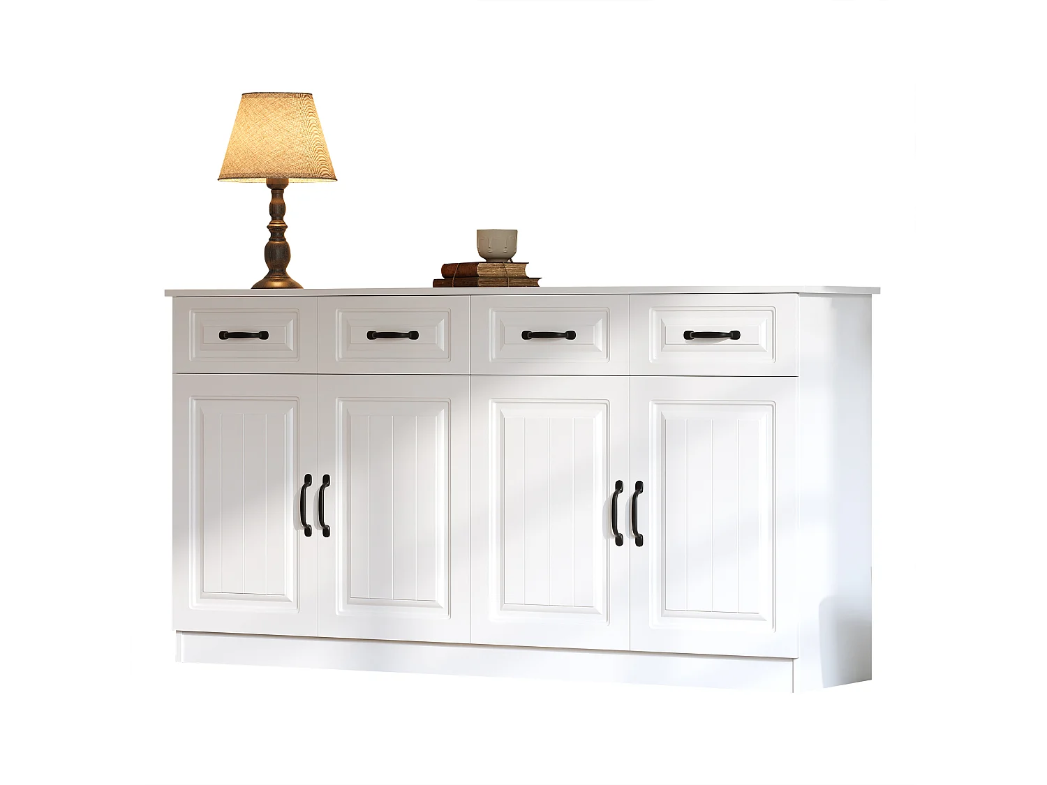 Buffet/Commode avec 4 portes et 4 tiroirs - 2 étagères - Design rayé - 8 poignées métalliques - MDF - Blanc