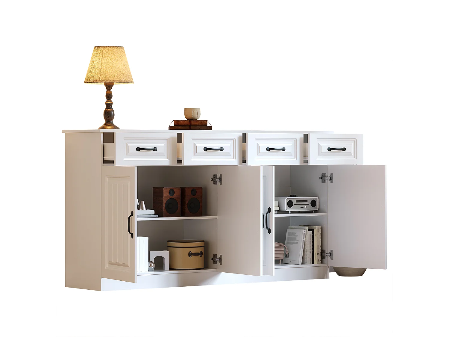 Buffet/Commode avec 4 portes et 4 tiroirs - 2 étagères - Design rayé - 8 poignées métalliques - MDF - Blanc