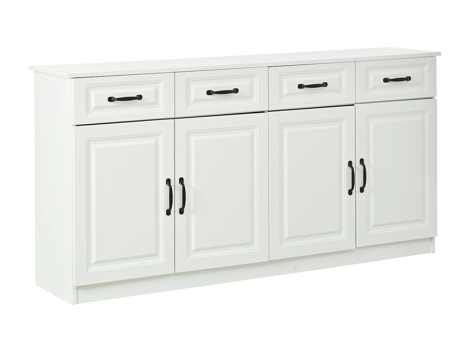 Buffet/Commode avec 4 portes et 4 tiroirs - 2 étagères - Design rayé - 8 poignées métalliques - MDF - Blanc