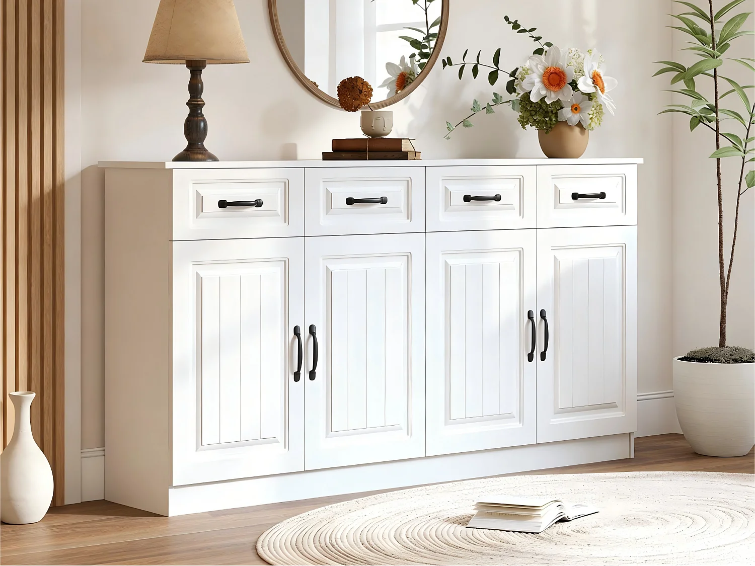 Buffet/Commode avec 4 portes et 4 tiroirs - 2 étagères - Design rayé - 8 poignées métalliques - MDF - Blanc