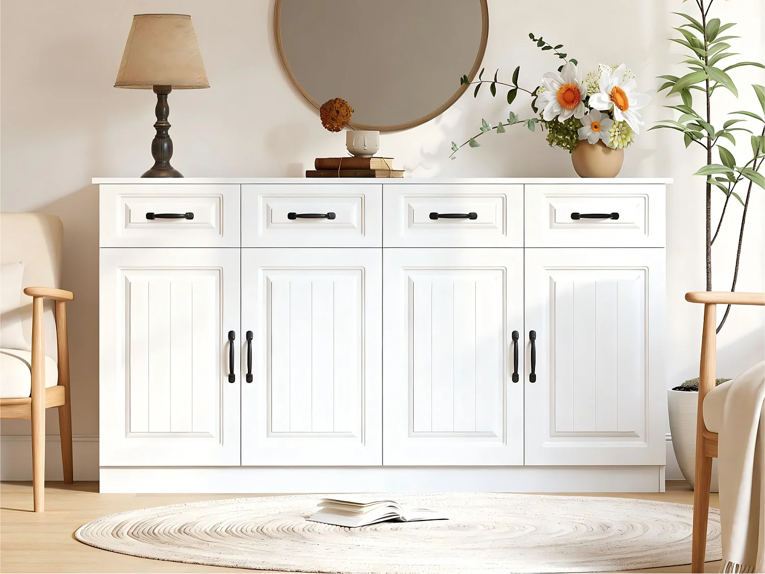 Buffet/Commode avec 4 portes et 4 tiroirs - 2 étagères - Design rayé - 8 poignées métalliques - MDF - Blanc