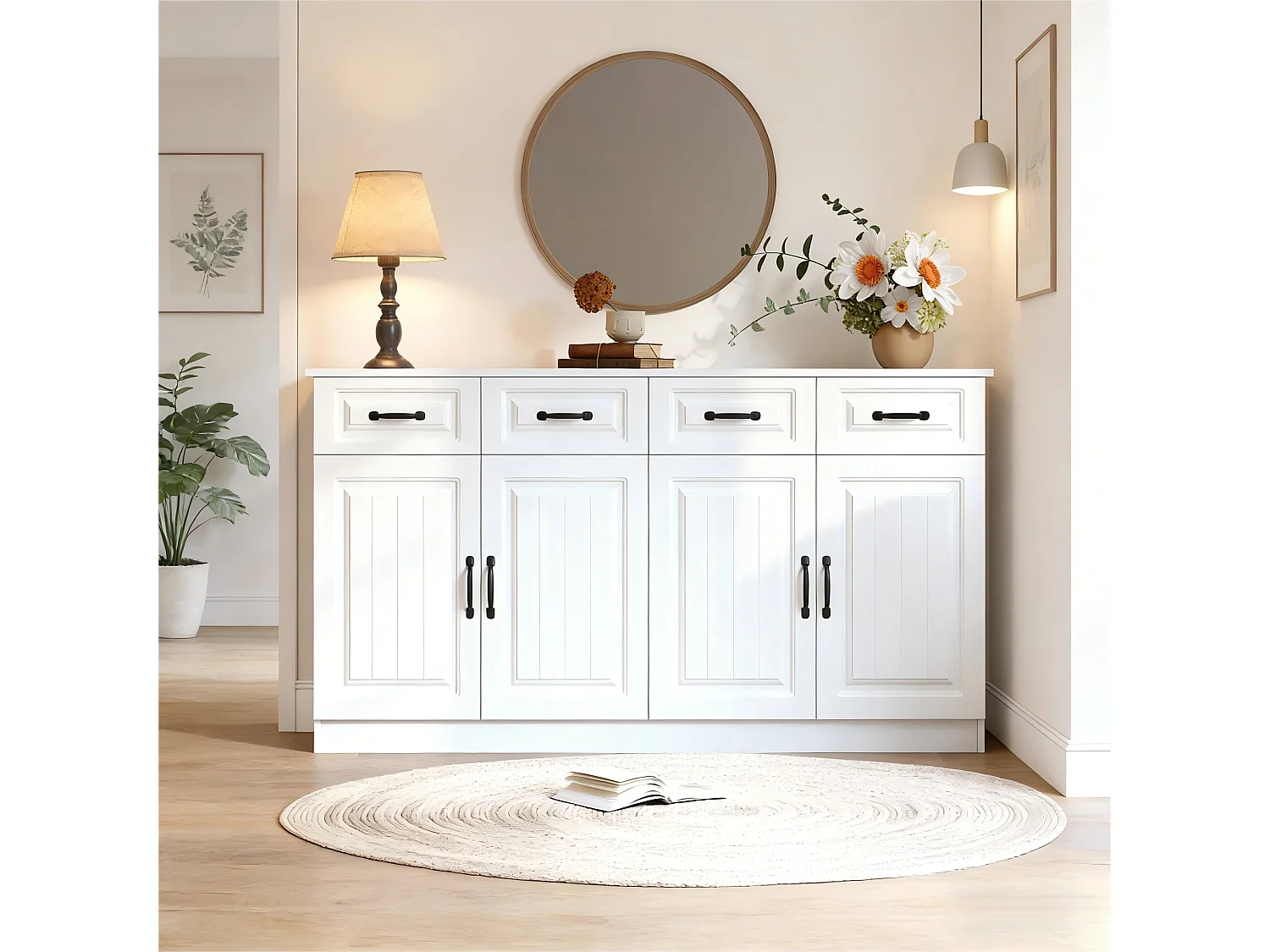 Buffet/Commode avec 4 portes et 4 tiroirs - 2 étagères - Design rayé - 8 poignées métalliques - MDF - Blanc