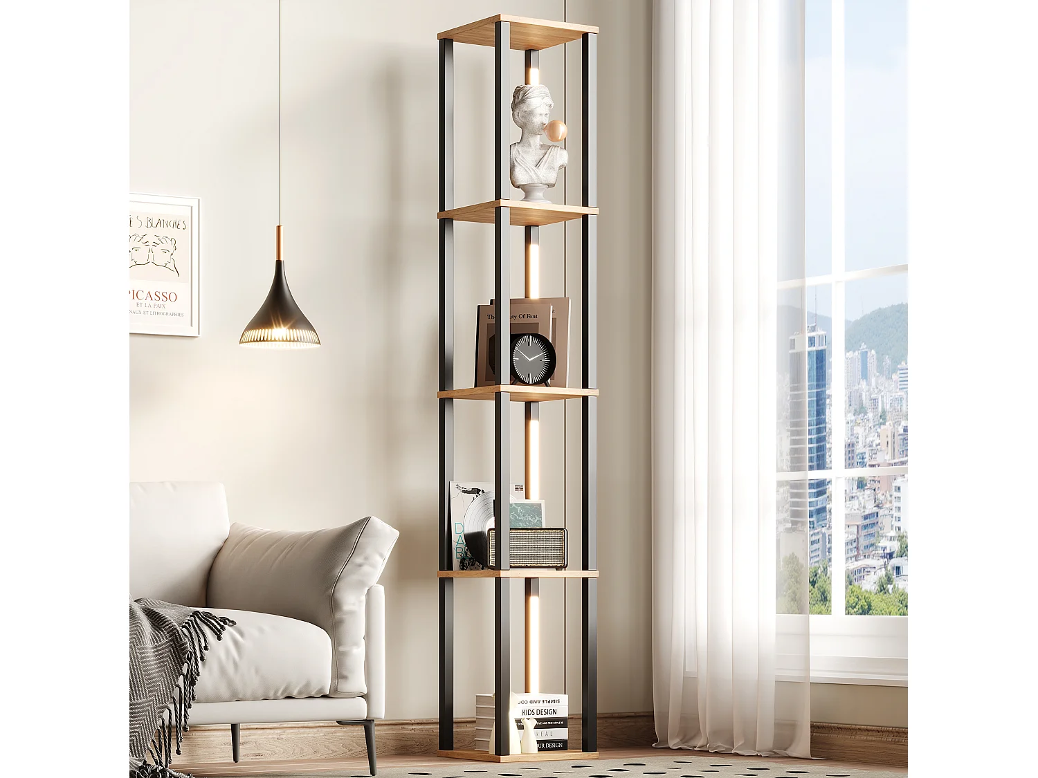 Modernes Regal 26x26x165 cm - 4 Ablagen - einstellbare dreifarbige LED-Beleuchtung - MDF - Holzfarbe Natur + Schwarz