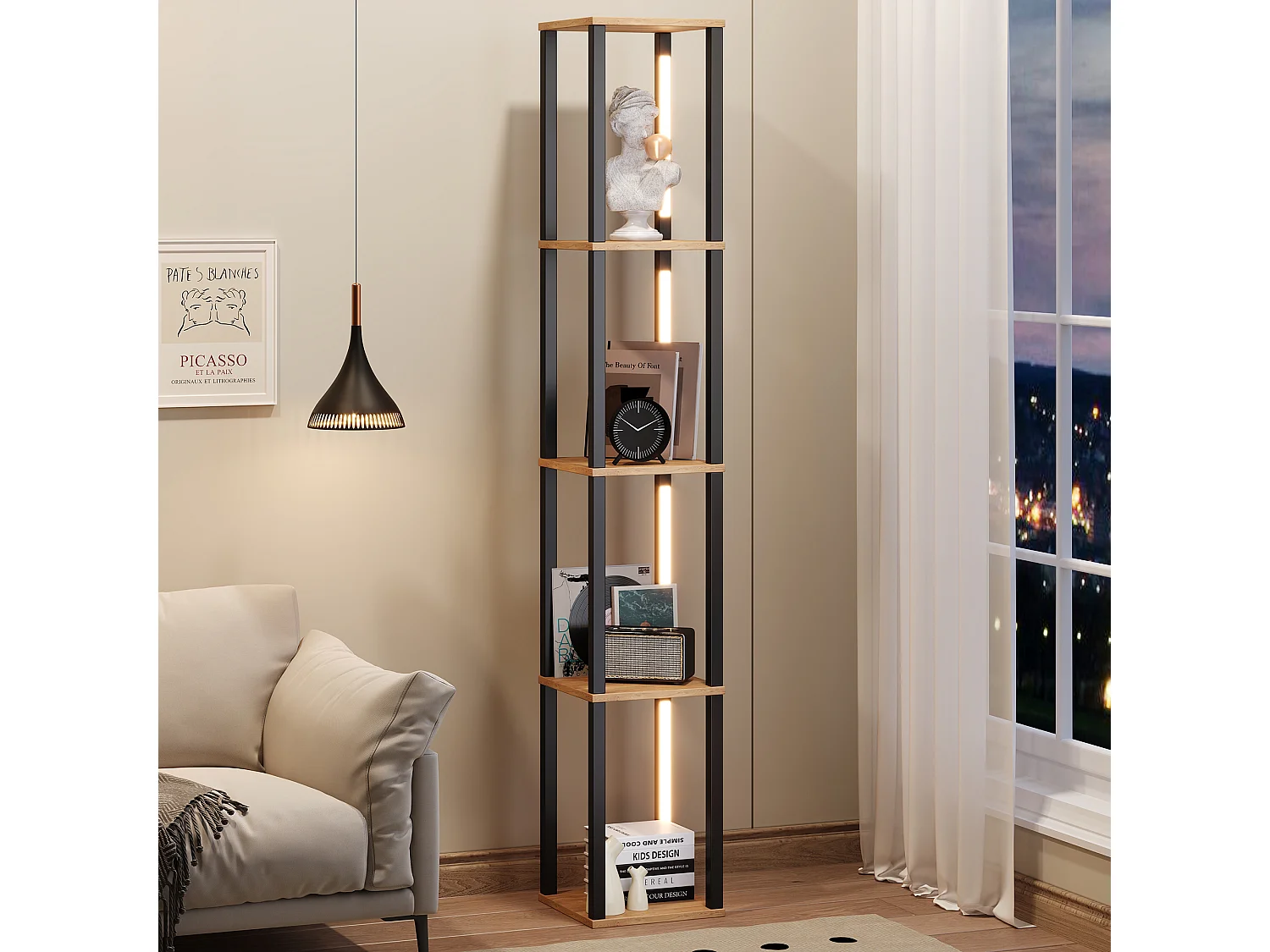 Modernes Regal 26x26x165 cm - 4 Ablagen - einstellbare dreifarbige LED-Beleuchtung - MDF - Holzfarbe Natur + Schwarz