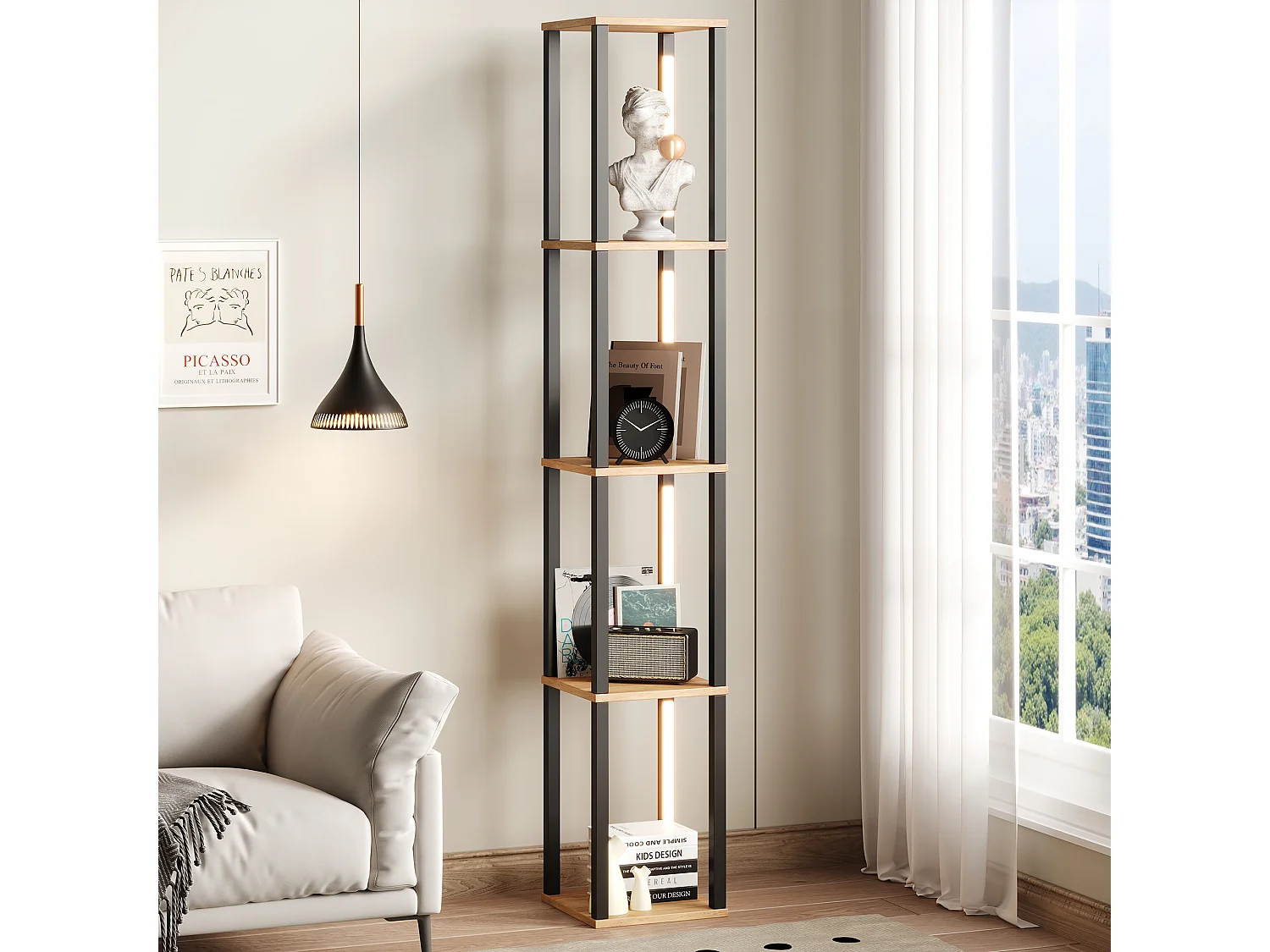 Modernes Regal 26x26x165 cm - 4 Ablagen - einstellbare dreifarbige LED-Beleuchtung - MDF - Holzfarbe Natur + Schwarz