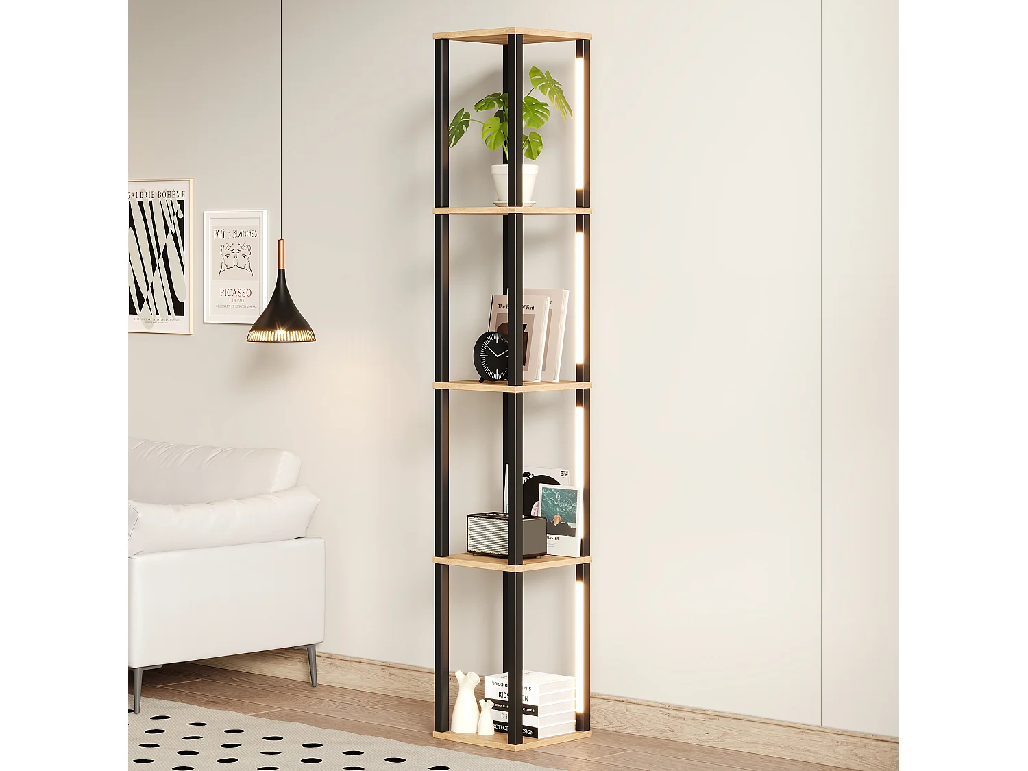 Modernes Regal 26x26x165 cm - 4 Ablagen - einstellbare dreifarbige LED-Beleuchtung - MDF - Holzfarbe Natur + Schwarz