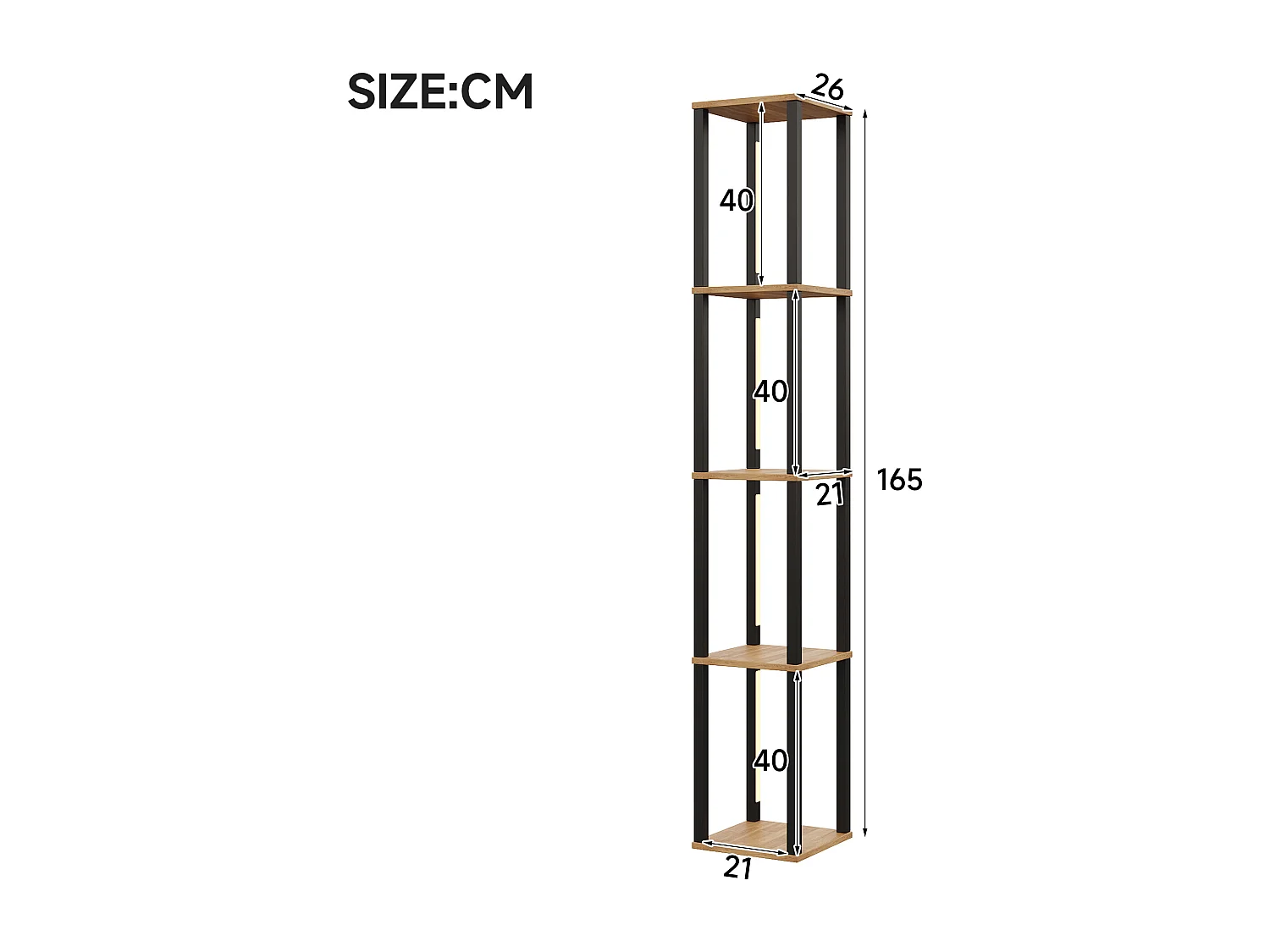 Modernes Regal 26x26x165 cm - 4 Ablagen - einstellbare dreifarbige LED-Beleuchtung - MDF - Holzfarbe Natur + Schwarz
