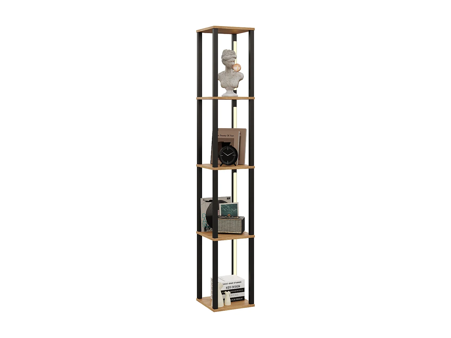 Modernes Regal 26x26x165 cm - 4 Ablagen - einstellbare dreifarbige LED-Beleuchtung - MDF - Holzfarbe Natur + Schwarz