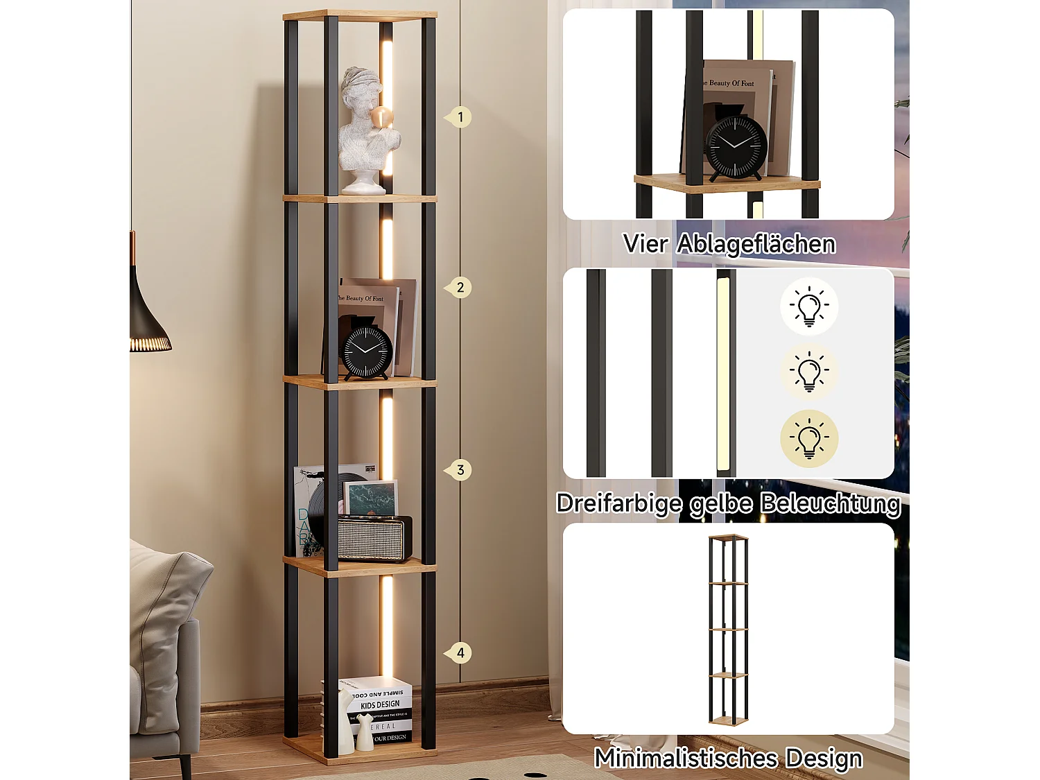 Modernes Regal 26x26x165 cm - 4 Ablagen - einstellbare dreifarbige LED-Beleuchtung - MDF - Holzfarbe Natur + Schwarz