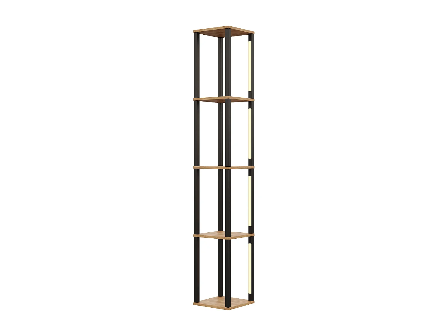 Modernes Regal 26x26x165 cm - 4 Ablagen - einstellbare dreifarbige LED-Beleuchtung - MDF - Holzfarbe Natur + Schwarz