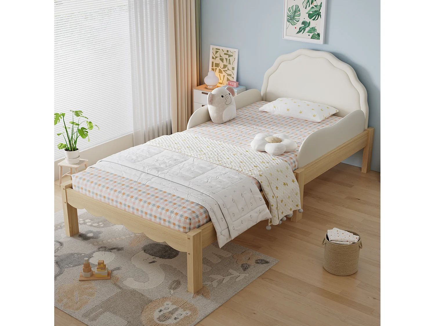 Lit rembourré simple pour enfant 90x200cm - tête de lit rembourrée en PU - rambarde latérale - avec sommier à lattes - Naturel