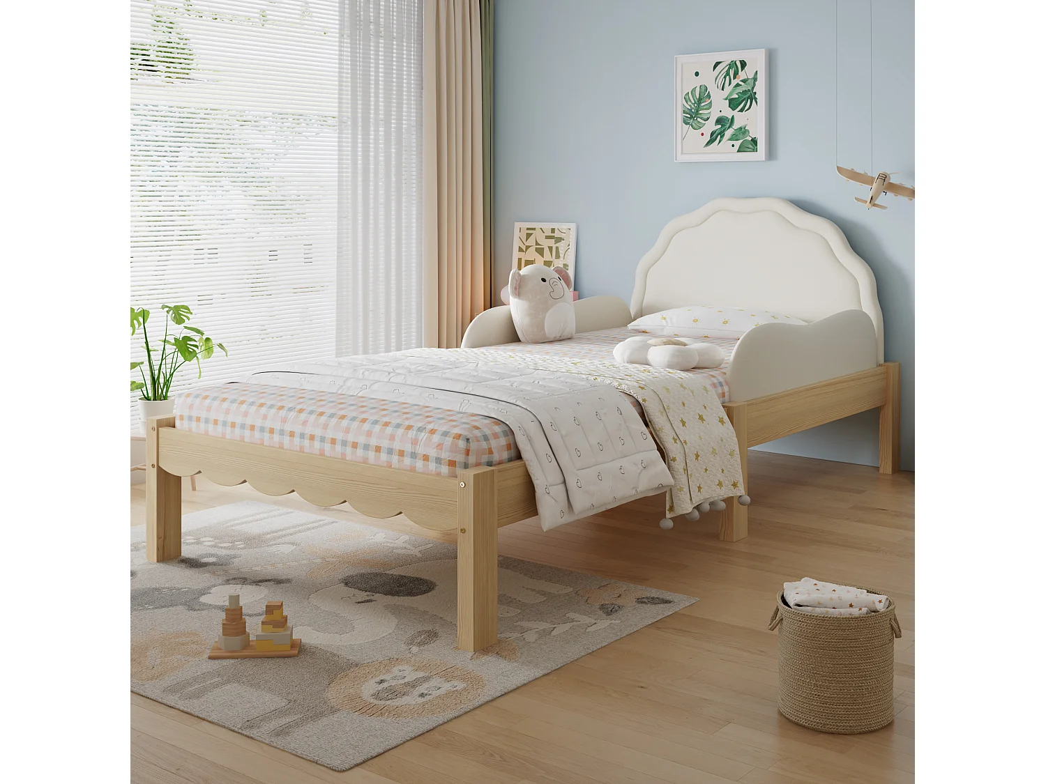 Lit rembourré simple pour enfant 90x200cm - tête de lit rembourrée en PU - rambarde latérale - avec sommier à lattes - Naturel
