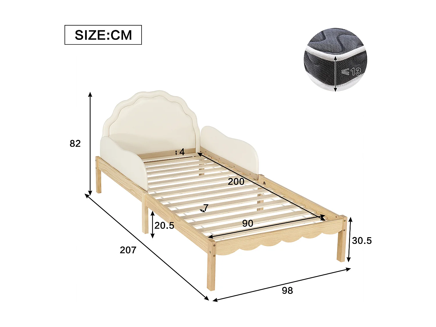 Lit rembourré simple pour enfant 90x200cm - tête de lit rembourrée en PU - rambarde latérale - avec sommier à lattes - Naturel